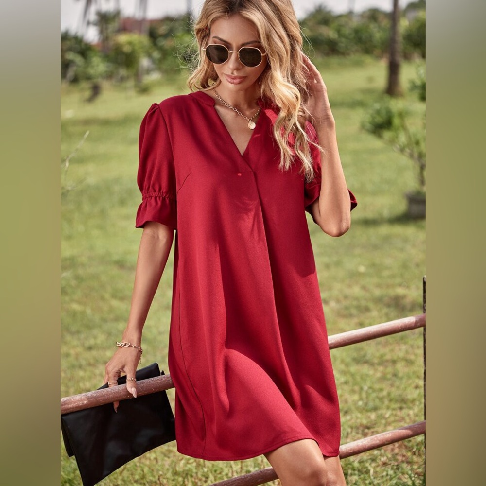 SHEIN Clasi Puff Sleeve Notched Neckline Dress, Size M
